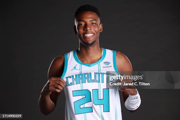 Brandon Miller of the Charlotte Hornets poses for a portrait during Charlotte Hornets Media Day at Spectrum Center on October 02, 2023 in Charlotte,...