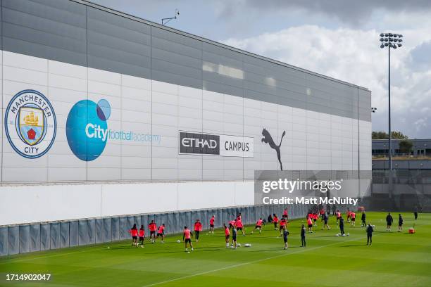 General view as players of Manchester City warm up during a training session ahead of their UEFA Champions League Group G match against RB Leipzig at...