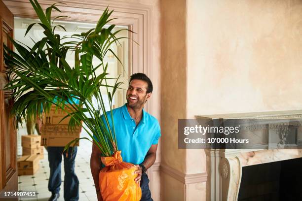 smiling man carrying plant on house move - good move concept stock pictures, royalty-free photos & images