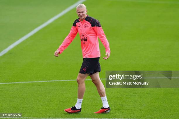 Erling Haaland of Manchester City reacts during a training session ahead of their UEFA Champions League Group G match against RB Leipzig at...