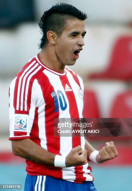Paraguay's Derlis Gonzalez celebrates after scoring a goal during a group stage football match between Mexico and Paraguay at the FIFA Under 20 World...
