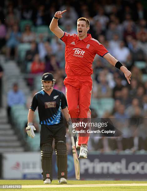 Boyd Rankin of England celebrates dismissing James Franklin of New Zealand during the 1st NatWest International T20 match between England and New...