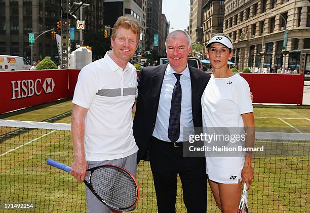 Tennis champions Jim Courier and Monica Seles join HSBC Global Banking CEO Patrick Nolan at the kickoff event for "HSBC Serves Up the Perfect Day at...