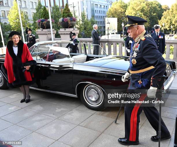 Queen Sonja and King Harald attend the Opening Of The Parliament on October 3, 2023 in Oslo, Norway.