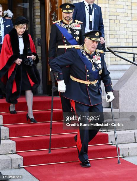 Queen Sonja, Crown Prince Haakon and King Harald attend the Opening Of The Parliament on October 3, 2023 in Oslo, Norway.