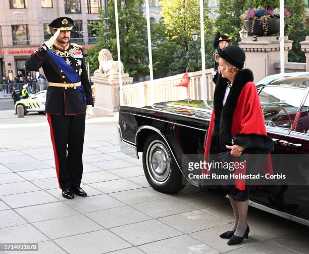 Queen Sonja and Crown Prince Haakon attend the Opening Of The Parliament on October 3, 2023 in Oslo, Norway.