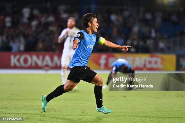 Kento Tachibanada of Kawasaki Frontale celebrates scoring his side's first goal during the AFC Champions League Group I match between Kawasaki...