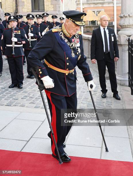 King Harald attends the Opening Of The Parliament on October 3, 2023 in Oslo, Norway.