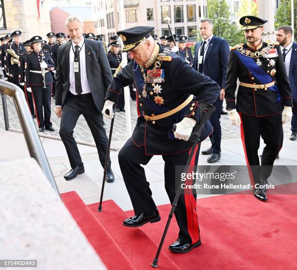 Crown Prince Haakon and King Harald attend the Opening Of The Parliament on October 3, 2023 in Oslo, Norway.