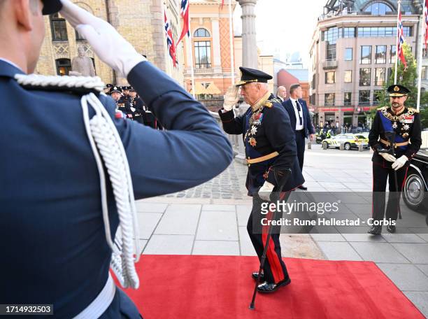 Crown Prince Haakon and King Harald attend the Opening Of The Parliament on October 3, 2023 in Oslo, Norway.