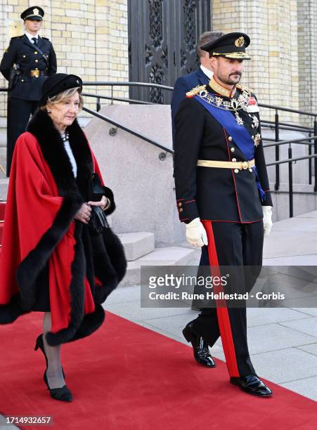 Queen Sonja and Crown Prince Haakon attend the Opening Of The Parliament on October 3, 2023 in Oslo, Norway.