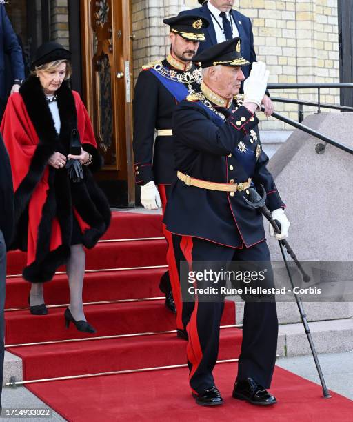 Queen Sonja, Crown Prince Haakon and King Harald attend the Opening Of The Parliament on October 3, 2023 in Oslo, Norway.