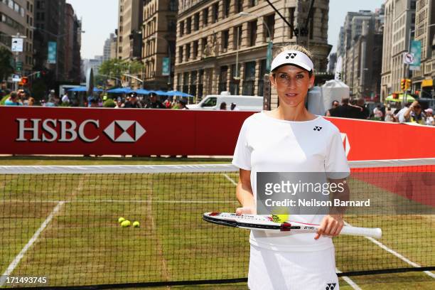 Tennis champion Monica Seles poses at the kickoff event for "HSBC Serves Up the Perfect Day at Wimbledon" on June 25, 2013 in New York City.