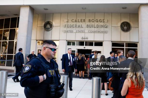 Police officers patrol the J. Caleb Boggs Federal Building on October 3, 2023 in Wilmington, Delaware. Hunter Biden, son of U.S. President Joe Biden,...