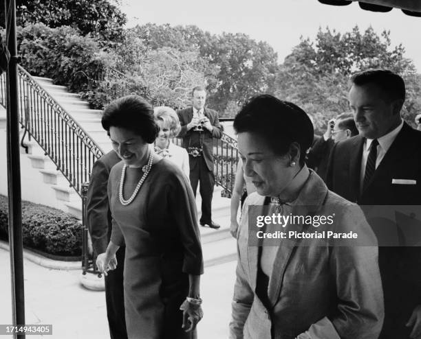 American First Lady, Lady Bird Johnson with Chinese First Lady Soong Mei-ling after the two met for afternoon tea at the White House in Washington,...