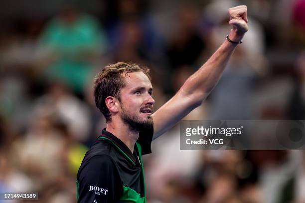 Daniil Medvedev of Russia celebrates after winning the Men's Singles Semi-final match against Alexander Zverev of Germany on day eight of 2023 China...