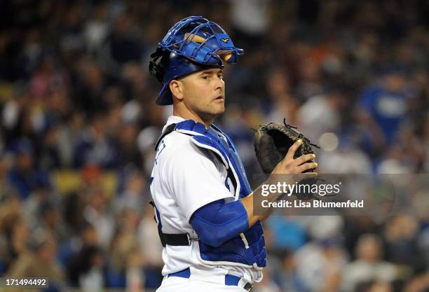 Catcher Ramon Hernandez of the Los Angeles Dodgers looks on during the game against the Atlanta Braves at Dodger Stadium on June 7, 2013 in Los...