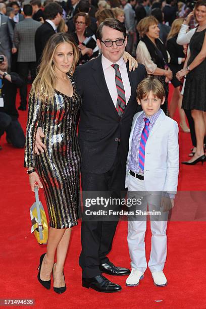 Sarah Jessica Parker, Matthew Broderick and James Wilkie Broderick attend the press night for 'Charlie and the Chocolate Factory' at Theatre Royal on...