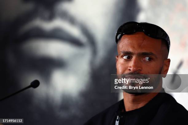 Harlem Eubank talks to the media during the Harlem Eubank v Timo Schwarzkopf Press Conference at The Old Ship Hotel on October 03, 2023 in Brighton,...