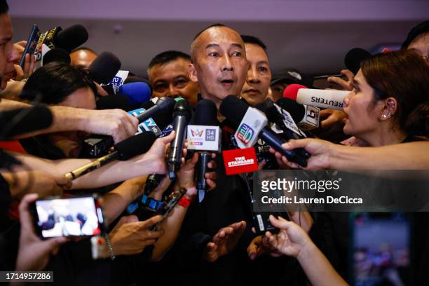 Thailand's police chief Torsak Sukvimol speaks to the press after a shooting incident at the Siam Paragon mall on October 03, 2023 in Bangkok,...