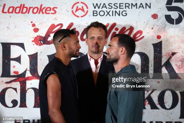 Harlem Eubank goes head to head with Timo Schwarzkopf during the Harlem Eubank v Timo Schwarzkopf Press Conference at The Old Ship Hotel on October...