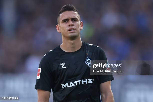 Rafael Santos Borre of Werder Bremen reacts during the Bundesliga match between SV Darmstadt 98 and SV Werder Bremen at Merck-Stadion am...