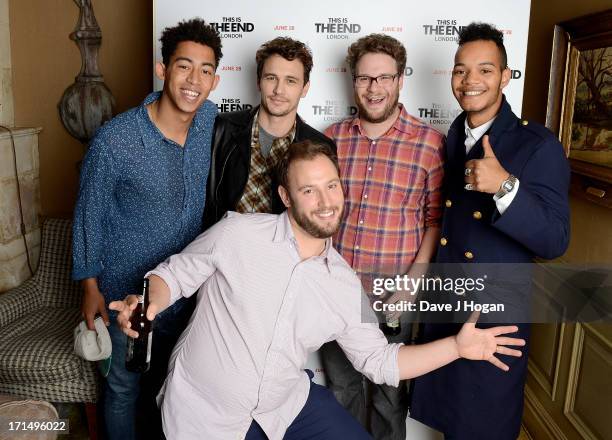 Jordan Stephens of the Rizzle Kicks, actor James Franco, Seth Rogen, Harley Alexander-Sule of the Rizzle Kicks and director Evan Goldberg attend the...