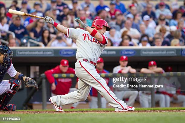 Laynce Nix of the Philadelphia Phillies bats against the Minnesota Twins on June 13, 2013 at Target Field in Minneapolis, Minnesota. The Phillies...