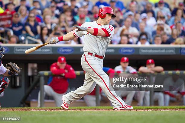 Laynce Nix of the Philadelphia Phillies bats against the Minnesota Twins on June 13, 2013 at Target Field in Minneapolis, Minnesota. The Phillies...