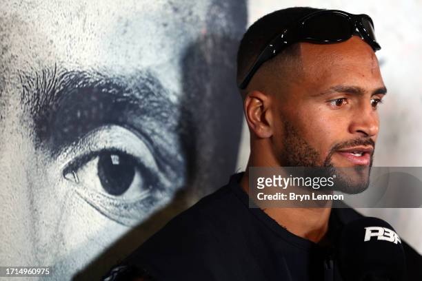 Harlem Eubank talks to the media during the Harlem Eubank v Timo Schwarzkopf Press Conference at The Old Ship Hotel on October 03, 2023 in Brighton,...