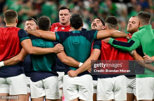 Paris , France - 7 October 2023; Ireland players, from left, Andrew Porter, James Ryan, Tom O'Toole and Finlay Bealham takes a breath before the 2023...