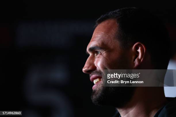 Timo Schwarzkopf talks to the media during the Harlem Eubank v Timo Schwarzkopf Press Conference at The Old Ship Hotel on October 03, 2023 in...
