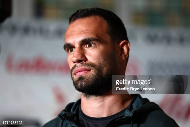 Timo Schwarzkopf talks to the media during the Harlem Eubank v Timo Schwarzkopf Press Conference at The Old Ship Hotel on October 03, 2023 in...