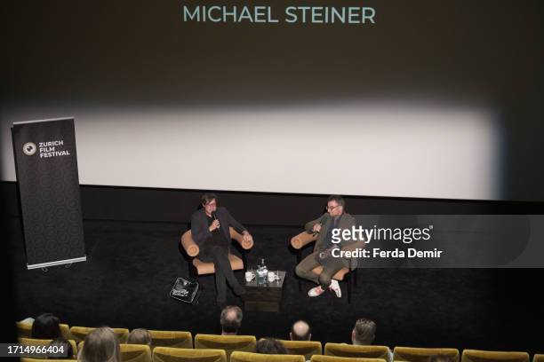 Michael Steiner and Christian Jungen attend the "ZFF Masters: Michael Steiner" during the 19th Zurich Film Festival at Frame 2 on October 03, 2023 in...