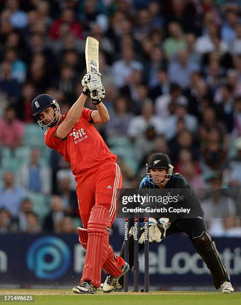 Alex Hales of England hits out for six runs during the 1st NatWest International T20 match between England and New Zealand at The Kia Oval on June...