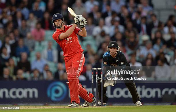 Alex Hales of England hits out for six runs during the 1st NatWest International T20 match between England and New Zealand at The Kia Oval on June...