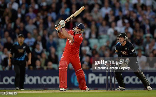 Michael Lumb of England hits out for six runs during the 1st NatWest International T20 match between England and New Zealand at The Kia Oval on June...