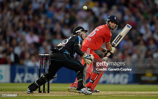 Alex Hales of England hits past New Zealand wicketkeeperTom Latham during the 1st NatWest International T20 match between England and New Zealand at...