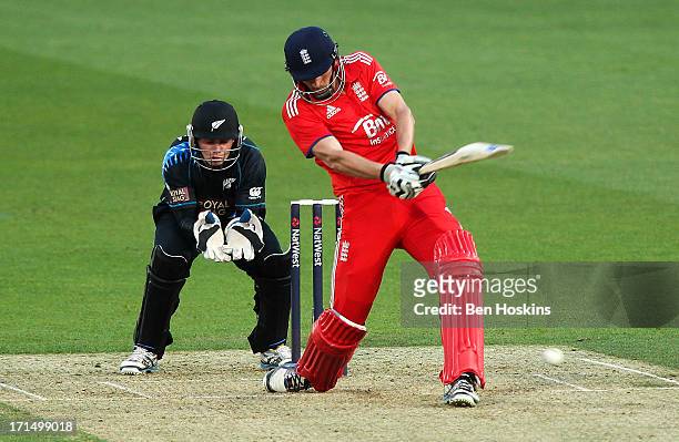 Alex Hales of England hits out during the 1st Natwest International T20 match between England and New Zealand at The Kia Oval on June 25, 2013 in...