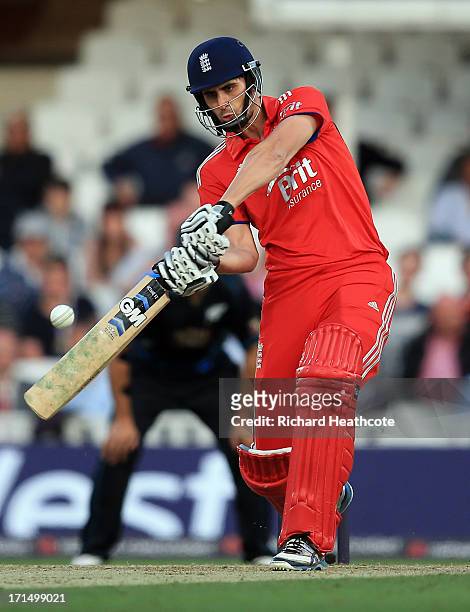 Alex Hales of England bats during the 1st Natwest International T20 match between England and New Zealand at The Kia Oval on June 25, 2013 in London,...
