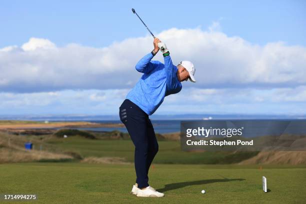 Former Cricketer, Kevin Pietersen tees off on the 2nd hole during a practice round prior to the Alfred Dunhill Links Championship at Kingsbarns Golf...