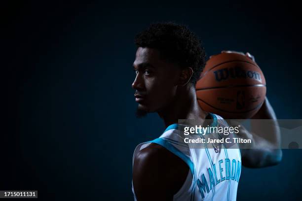 Théo Maledon of the Charlotte Hornets poses for a portrait during Charlotte Hornets Media Day at Spectrum Center on October 02, 2023 in Charlotte,...