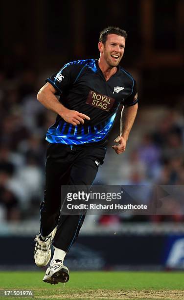 Ian Butler of New Zealand celebrates taking the wicket of Eoin Morgan during the 1st Natwest International T20 match between England and New Zealand...