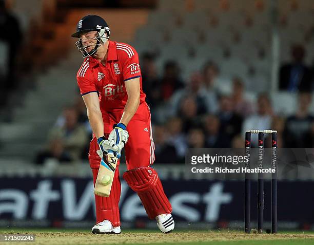 Jos Buttler of England hits a six with the flip of the bat during the 1st Natwest International T20 match between England and New Zealand at The Kia...