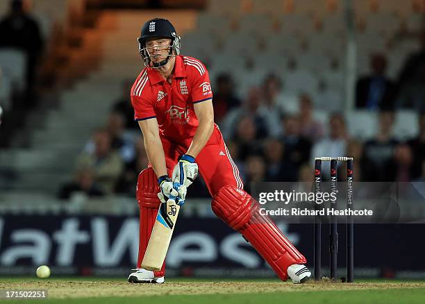 Jos Buttler of England hits a six with the flip of the bat during the 1st Natwest International T20 match between England and New Zealand at The Kia...