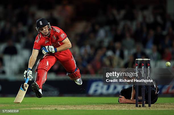 Jos Buttler of England is run out during the 1st Natwest International T20 match between England and New Zealand at The Kia Oval on June 25, 2013 in...