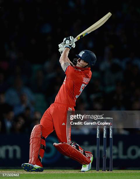 Ben Stokes of England bats during the 1st NatWest International T20 match between England and New Zealand at The Kia Oval on June 25, 2013 in London,...