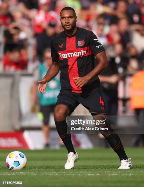 Jonathan Tah of Bayer Leverkusen controls the ball during the Bundesliga match between 1. FSV Mainz 05 and Bayer 04 Leverkusen at MEWA Arena on...