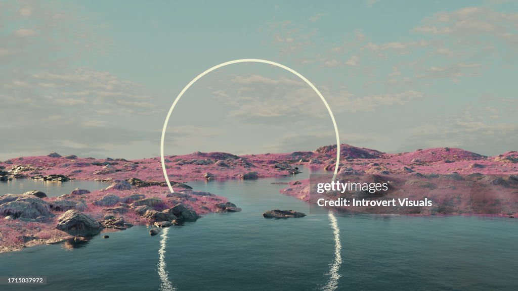 Dreamscape 3D scene calming digital art lanscape with metaverse portal in blue pink and violet colors
