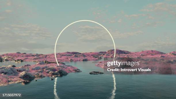 dreamscape 3d scene calming digital art lanscape with metaverse portal in blue pink and violet colors - surrealismo imagens e fotografias de stock
